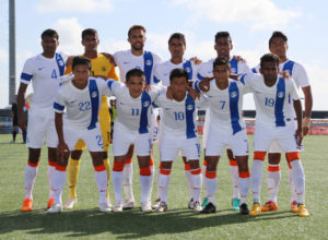 India's national team pose for a starting 11 photo before its match against Guam in a 2018 FIFA World Cup Russia and AFC Asian Cup UAE 2019 Joint Qualification Round 2 match at the Guam Football Association National Training Center Tuesday. Front row from left to right are: Lalchhuanmawia, Sunil Chhetri, Jackichand Singh Telem, Eugeneson Lyngdoh, and Vineeth Chekiyot Kizhakkevettil. Back row from left to right are Arnab Kumar Mondal, Paul Subrata, Robin Singh, Anto Rino, Sehnaj Singh, and Seihaorungbam Dhanachandra Singh.